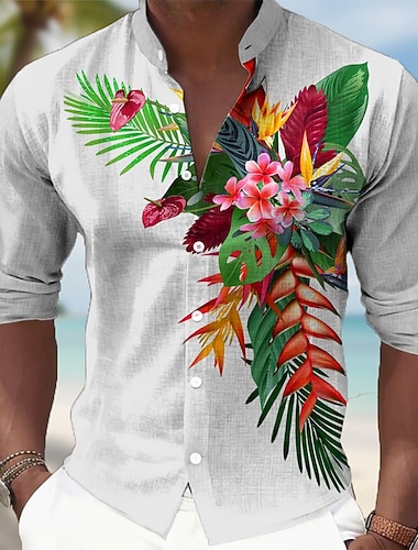  Herre Tropiske blomster Palmeblad Tukaner Skjorte Hawaiiskjorter Skjorte med stativ krage Langermet Hawaiisk Avslappet Feriereise Vår Høst Kinesisk Krave Båndkrage 3D-utskrift Skjorter med knapper