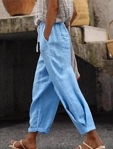  Vrouwen Linnenachtige Faux Katoenen Linnen Broeken Vakantie Basis Enkellengte Middeltaille Comfort Inelastic Casual Dagelijks Streetwear Rivierblauw Marinewit Roze Zomer Lente