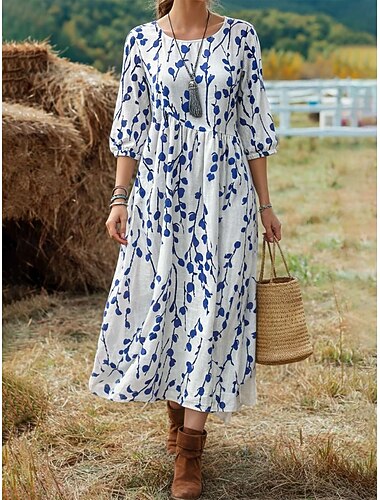  Női Maxi Ruha Vászon Szerű Lélegző Könnyű Átmeneti Ruha Nyári Ruha Vakáció Hétköznapi Bohém Tengerparti Üdülés Randi Geometrikus 3/4 hosszú ujjú Kerek Nyak Kék Fehér Rózsaszín Barna Nyár Tavasz