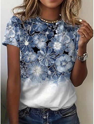  Femmes T-shirt Imprimé Fleuri Graphique Plantes ancien Élégant Classique Manche Courte Col ras du cou Col rond Hauts Réguliers Quotidien blanc / bleu Rose Claire Vert Été Printemps Automne