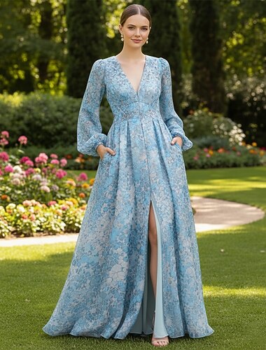  גזרת A עד הריצפה לבוש רשמי אלגנטית ללא שרוולים צווארון V מסיבת חצר חתונה כיס אורגנזה עם קפלים שסע הדפס