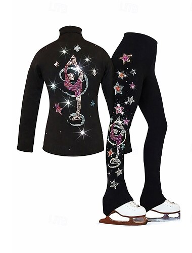  Kunstschaatsjas met broek, dames- en meisjesschaatsoutfit, zwart, elastisch, trainings- en wedstrijdschaatskleding, thermisch, warm, met kristallen/strass steentjes, lange mouwen, kunstschaatsen.