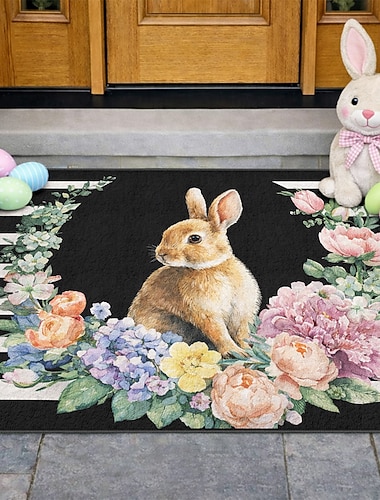  Zerbino pasquale con coniglietto circondato da una ghirlanda floreale in fiore su strisce bianche e nere, perfetto zerbino di benvenuto primaverile