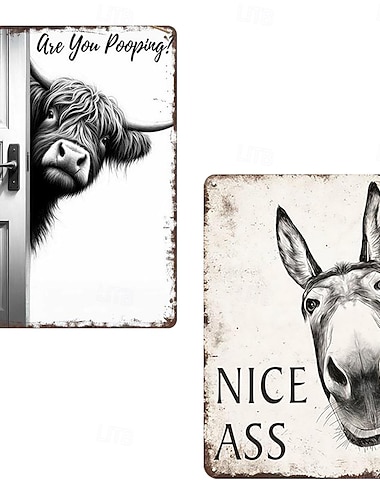  Lot de 2 panneaux humoristiques pour salle de bain, style vintage Highland : « Tu fais caca ? » avec un âne et un « joli cul ». Décoration murale.