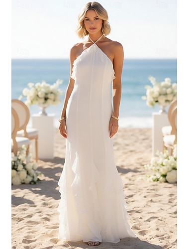  Fourreau Colonne Longueur au sol Robe Blanche petite robe blanche Élégant Sans manches Col Halter Mariage Saint-Valentin Dos nu avec Volants
