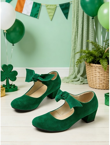  Smaragdgrüne Mary-Jane-Pumps aus Wildleder mit großer Schleife – Vintage-Schuhe mit runder Zehenpartie und Blockabsatz für St. Patrick's Day und festliche Anlässe. &stilvolle Damen