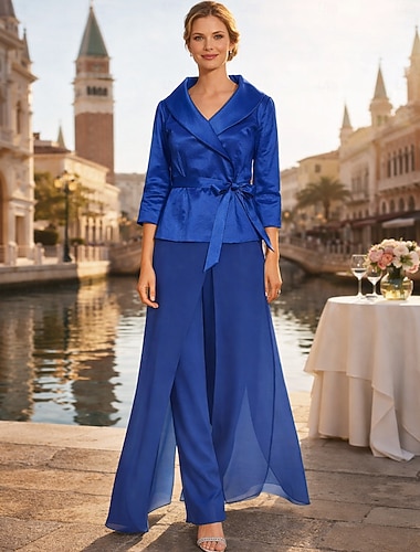  Due Pezzi Completo Pantalone Lunghezza al pavimento Abito da cerimonia per signora Manica Lunga Bavero Elegante Semplice Su misura Formale Ospite di nozze Chiffon Raso Elasticizzato con Fascia