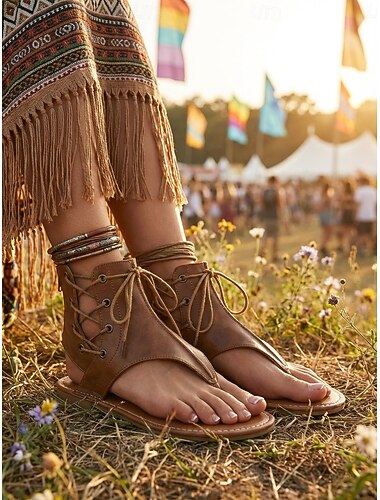  Bruine gladiatorsandalen voor dames met veters, vintage model van imitatieleer, met ritssluiting aan de achterkant. Trendy boho platte schoenen, perfect voor festivals, muziekevenementen en zomervakanties.