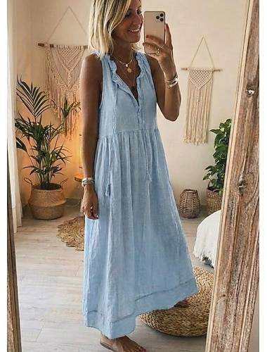  Damen Maxikleid 100% Baumwolle Sommerkleid Basic Lässig Täglich Urlaub Normale Passform Einfach Ärmellos V Ausschnitt Rosa Leicht Blau Sommer
