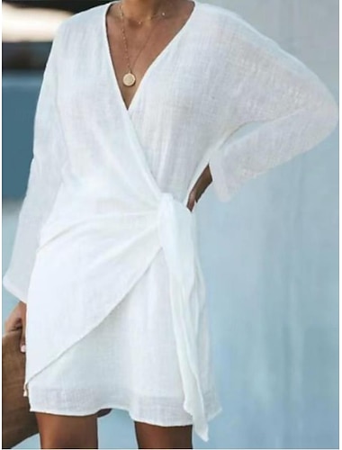  Dame Mini kjole Imitert bomullslin Kaftan-kjole Hvit kjole Strandkjole Mote Moderne Kinoiserie utendørs Feriereise Ut på byen Normal عادي Langermet V-hals Hvit Sommer Vår