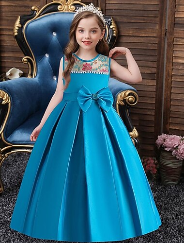  Brudnäbbsklänning Flickor Högtidlig klänning Bröllopskläder Fest Bröllop Formell Förtjusande Formell Prinsessa Rynkad Lappverk Ensfärgat Ärmlös Rund hals Blå Rubinrött 4 år +