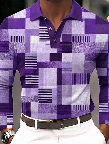  Herre Farveblok Geometrisk Vaffel poloskjorter Langærmet Polo skjorter Skjorter med krave Forretningsmæssigt afslappet Forretning Arbejdstøj Dagligdagstøj Knapper Forår Efterår Blå Sort Navyblå