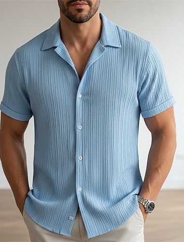  Herren Hemd Rippenstrick Textur Freizeithemd Knopfhemd Schwarz Weiß Hellgrün Burgunderrot Marineblau Kurzarm Einfach Hemdkragen Lässig Täglich Fronttasche Bekleidung Elegant Mode Lässig