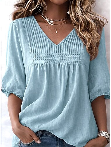  Dames Linnenachtig Faux Katoenen Linnen Shirt Effen Kleur Simpel Vintage Stylish V-Hals Reguliere Tops Blauw Wit Roze Licht Paars Zomer Lente