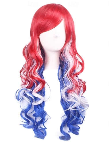  Perruques longues ondulées pour femmes perruque drapeau américain costume du 4 juillet perruques rouge blanc et bleu