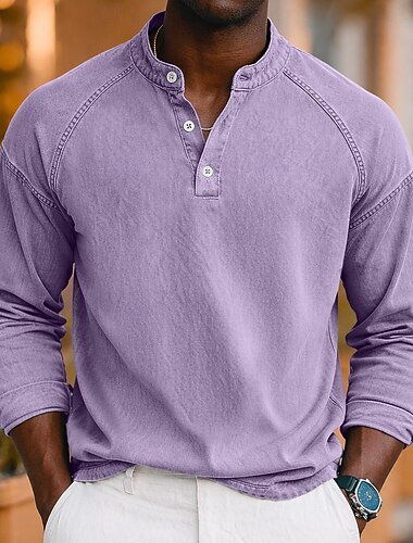  Herren T Shirt Henley Hemd Hemd aus 100 % Baumwolle in Säurewaschung T-Shirt Langarm Einfach Einheitliche Farbe Vintage Streetwear Lässig Stückgefärbt Gewaschen Raglanärmel Stehkragen Henley Lässig