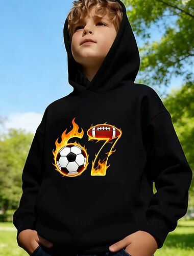  Unisex 3D Grafik Fußball Lustiger Slang 67 Kapuzensweatshirt Pullover Langarm 3D-Druck Frühling Herbst Sport Mode Streetwear Kinder 4-12 Jahre Mit Kapuze Lässig Täglich Outdoor Normale Passform