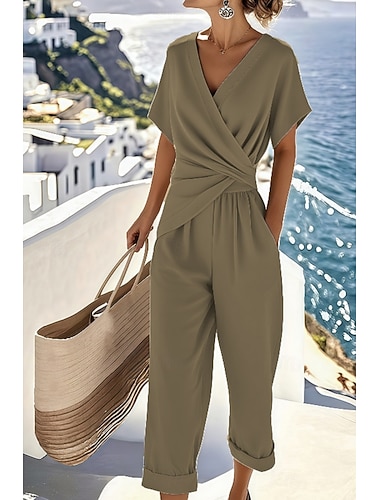  Damen Hosen-Sets Bolero-Oberteil Kurzarm V Ausschnitt Einfarbig Gerafft Mode Streetwear Lässig Täglich Outdoor Blau Khaki Beige Sommer Normale Passform