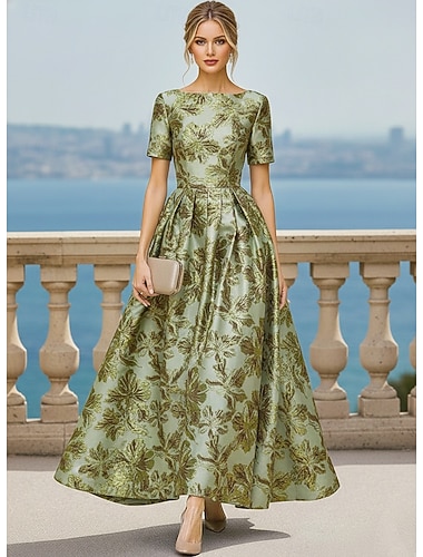  Linha A Longo Vestidos de cocktail Elegante Vintage Floral Manga Curta Gola Redonda Festa de Jardim Casamento Bolsos Jacquard com Estampa floral Pregas Bolsos