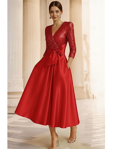  A-Linie Tee-Länge Cocktailkleider Partykleider Elegant Dreiviertelarm V Ausschnitt Gartenparty Hochzeit Stretch Satin Paillettenbesetzt mit Schleife(n)