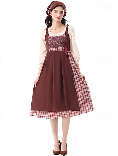  250e anniversaire des États-Unis 19ème siècle années 1800 Robe Prairie Ensemble bonnet et tablier Manches longues Fille pionnière Epoque Coloniale Pionnier Guerre d'indépendance américaine Déguisement