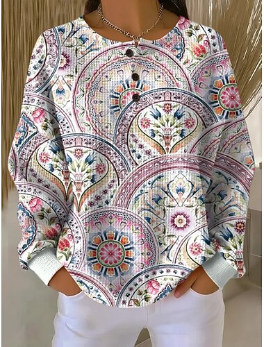  Damen Pullover Sweatshirt Knöpfe Blumen Grafik Mode Lässig Druck Langarm Rundhalsausschnitt Rundhals Normale Oberteile Lässig Heim Arbeit Weiß Rote Purpur Sommer Frühling