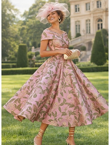  Linea ad A Lunghezza al pavimento Lunghezza Tè Abito Formale Abito Floreale Abiti da Cocktail Elegante Vintage Floreale Manica Corta Senza Spalle Festa in giardino Matrimonio Tasca Jacquard Shiena