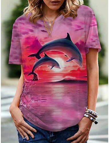  Dames T-shirt Afdrukken Grafisch dier Vintage Stijlvol Klassiek Korte mouw Strakke ronde hals Normale tops Dagelijks Weekend blauw Wit Blozend Roze Zomer Lente