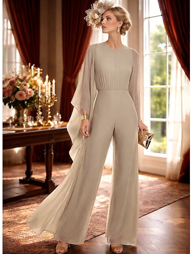  Buksedrakt Gulvlengde Kjole til brudens mor 3/4 ermer Crew-hals Elegant Enkel Minimalistisk Formell Bryllupsgjest Chiffon med Bølgemønster