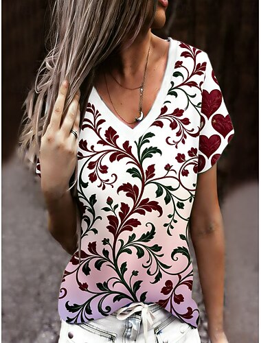  Valentinstag Damen T Shirt T-Shirt Druck Blumen Grafik Tiermotiv Stilvoll Klassisch Lässig Kurzarm V Ausschnitt Normale Oberteile Täglich Ausgehen Wochenende Rosa Grün Sommer Frühling