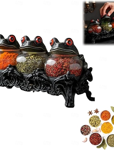  kézzel készített békapatika fűszertartók, gótikus ételtároló edények, béka fűszertartó készlet sónak, borsnak és fűszernövényeknek, 3 darabos fűszertartók, konyhai dekorációk fűszereknek, tealevelek