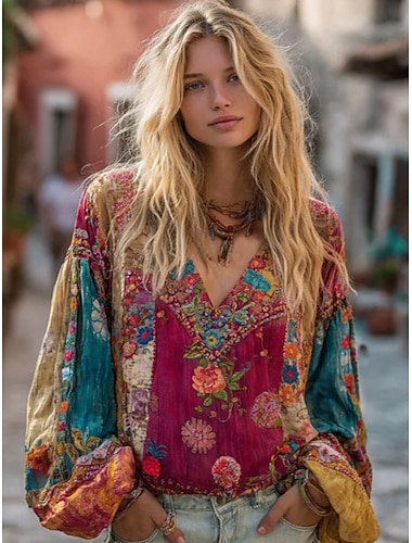  Kvinners Boho Bluse Linstoff Lignende Pustende Lett Blomstermotiv Elegant Bohemia Vintage Lang Erme V Utringning Vanlige Topper Daglig Ferie Patches Knappetrykk Rød Lys Lilla Sommer Vår