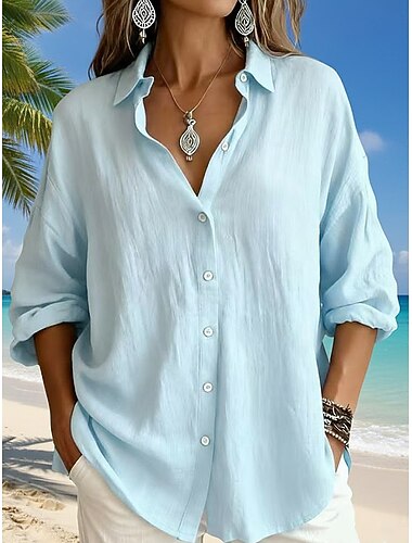  Kvinders linned-lignende faux bomulds linned skjorte boho skjorte bohemia vintage daglig langærmet lange toppe daglig ferie gå ud blå hvid gul pink himmelblå sommer forår