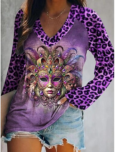  Carnaval Mardi gras Dames T-shirt Afdrukken Ombre Grafisch Luipaard Elegant Stijlvol Klassiek Lange mouw V-hals Normale tops Dagelijks Uitgaan Weekend Paars Groen Zomer Lente Herfst