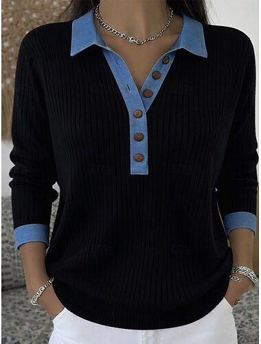  Per donna Camicia casual Blusa Pullover Attivo Vintage Sport Manica Lunga Colletto Polo Top Regolari Blu Nero Arancione Verde Beige Primavera Autunno