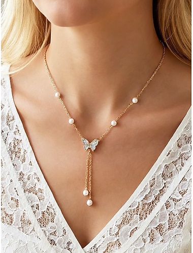  Collana da donna con ciondolo a forma di farfalla in lega di perle finte, delicato design a catena a Y, opzioni color oro e argento, elegante stile minimalista, perfetta per l'uso quotidiano, outfit casual e stratificazione