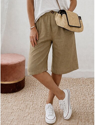  Chinos shorts de linho sintético para mulheres férias básico comprimento até o joelho cintura média conforto inelástico casual diário lar branco caqui verão primavera ajuste regular