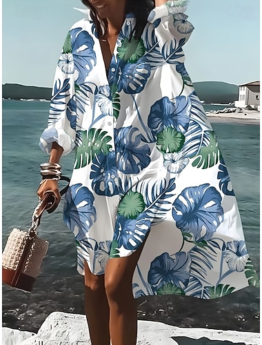  Damen Midikleid Hemdblusenkleid Freizeitkleid Sommerkleid Elegant Bohemien Urlaub Strand Normale Passform Blumen Langarm Hemdkragen Blau Schwarz Grün Sommer Frühling