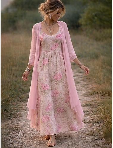  Mulheres conjunto de vestido Vestido A Line Férias Boho Floral Gráfico Multi Camadas Imprimir Vestido Longo Manga Longa Decote V Diário Férias Amarelo Rosa Verde Verão Primavera Normal