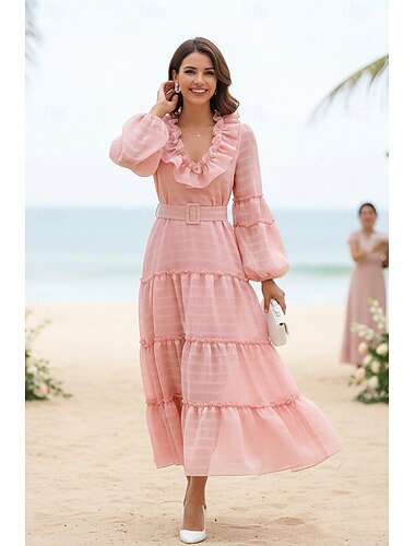  A-linja Nilkkapituinen Häävieraspuku Häävieraspuvut Tyylikäs Päivittäin Pitkähihainen V kaula-aukko Puutarhajuhlat Häät kanssa Röyhelöity