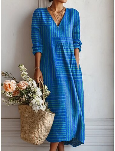  Γυναικείο Midi Φόρεμα Λινά Παρόμοιο Βραδινό Φόρεμα Α-Γραμμή Διακοπές Καθημερινό Boho Διακοπές Χαλαρή Εφαρμογή Γραφικό Γεωμετρικό Χρωματιστό Μπλοκ Μακρύ Μανίκι V Λαιμός Μπλε Πορτοκαλί Καλοκαίρι Άνοιξη