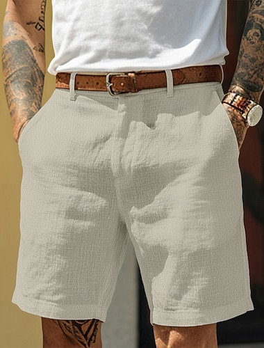  Herren Shorts Leinenshorts Schicke Shorts Sommershorts Reißverschluss Tasche Einheitliche Farbe Komfort Atmungsaktiv Knielang Täglich Streetwear Geschäft Mode Lässig Blau Schwarz Unelastisch