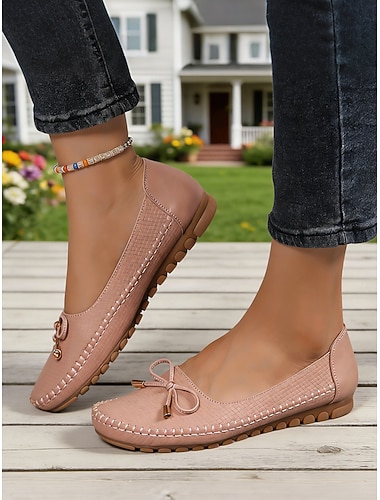  Loafers de conduite texturés roses pour femmes avec nœud - Mocassins confortables pour les courses quotidiennes le travail décontracté et les voyages