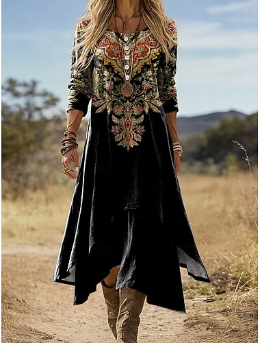  Womens Midi Jurk Boho Shift Jurk Vakantie Feest Casual Dagelijks Vakantie Reguliere Pasvorm Grafisch Geometrisch Paisley Lange Mouw Crew Neck Zwart Roze Rood Oranje Zomer Lente Fall