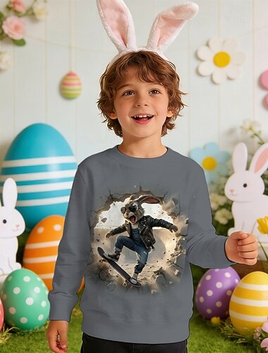  Pasen Jongens 3D Grafisch Konijn Sweatshirt Pullover Lange mouw 3D-afdrukken Lente Herfst Actief Modieus Streetwear Kinderen 4-12 jaar Strakke ronde hals Casual Dagelijks Buiten Normale pasvorm