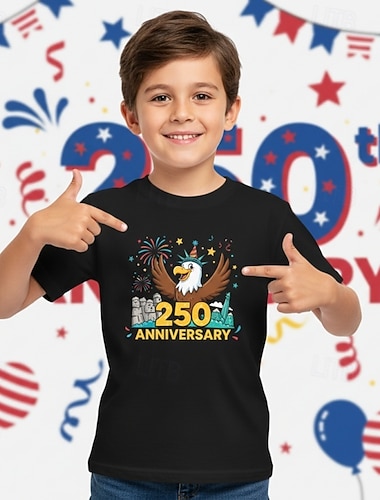  100% Algodão Infantil Para Meninos Azul Preto Branco Águia 250º Aniversário Camisa Blusa Gola Redonda Manga Curta Ao ar livre Dia a Dia Moda Roupa de rua Designer Estampado Verão Primavera