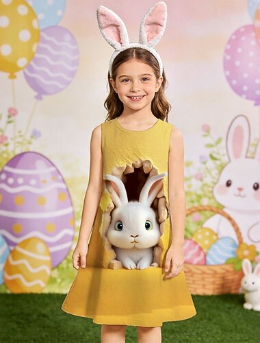  Ostern Mädchen' 3D Grafik Kaninchen Kleid Ärmellos 3D-Druck Sommer Frühling Täglich Urlaub Party Lässig Prinzessin Schön Kinder 4-12 Jahre Freizeitkleid Shiftkleid Knielang Normale Passform