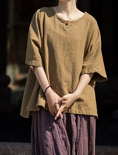  Damenblusen aus 70 % Leinen, schlicht, kurzärmelig, Rundhalsausschnitt, Knöpfe, lässig, für Alltag, Urlaub, Ausgehen, in Gelb, Grün und Beige, für Sommer, Frühling und Herbst