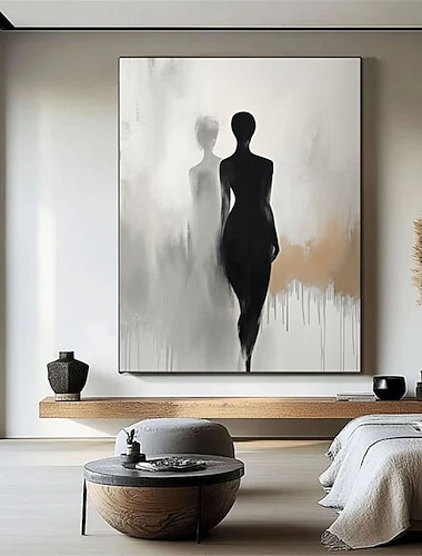  handgjord elegant svart och beige abstrakt kanvamålning med minimalistiska silhuetter perfekt samtida konst för modern heminredning