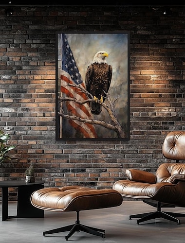  Bald Eager Med Amerikansk Flag Veggkunst - Patriotisk Ørn Som Sitter På Grenen Rustikk Maleri Canvas Print - Innrammet ELLER Uten Ramme Klar til Å Henge